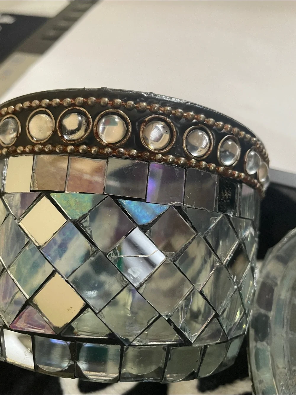 Iridescent Mosaic Glass Jewelry Trinket Box with Lid - Multi-color/Silver